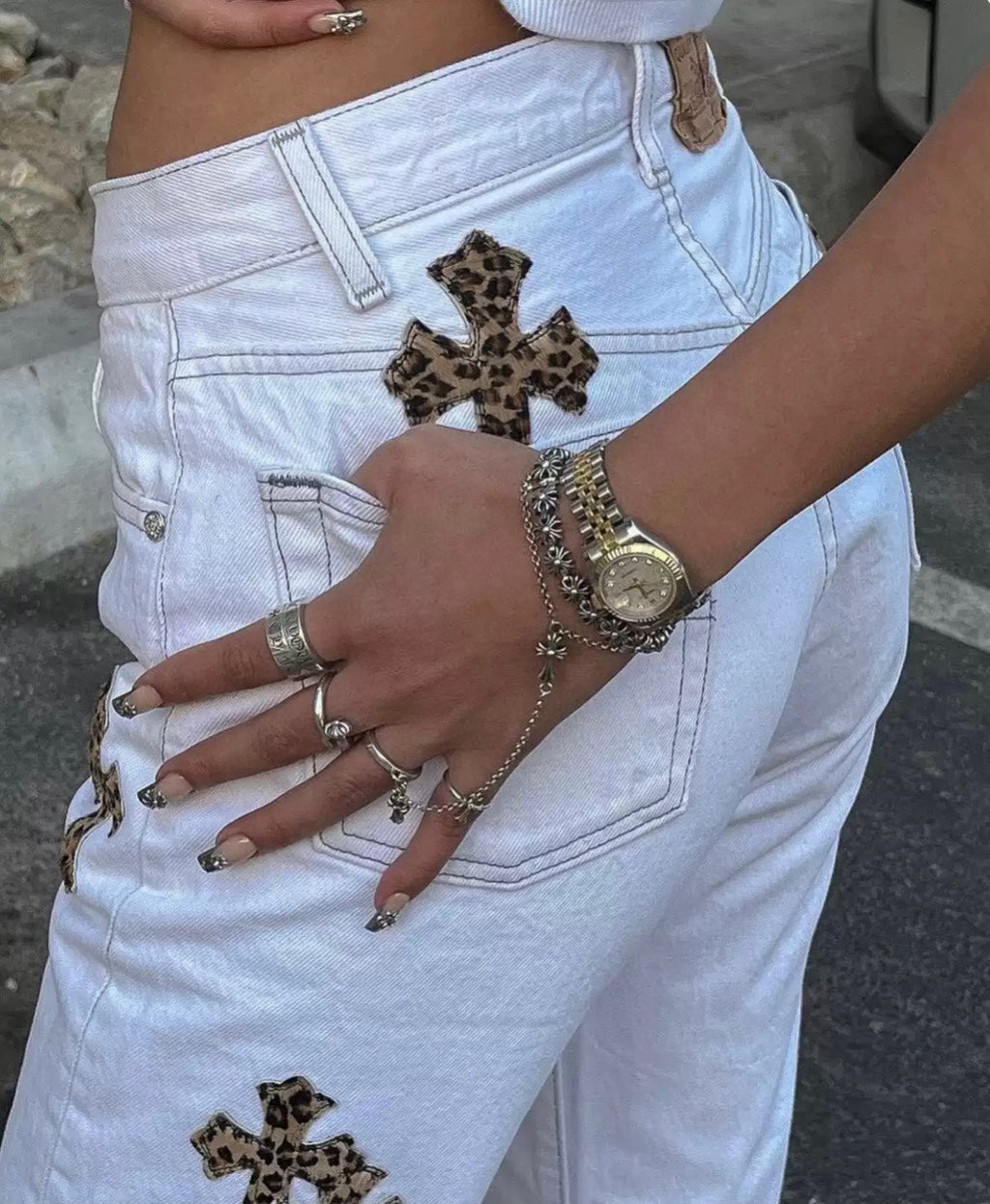 Chrome Hearts Men's Four Seasons High Street Leopard Cross Embroidered Old White Casual Straight Leg Trousers #98635