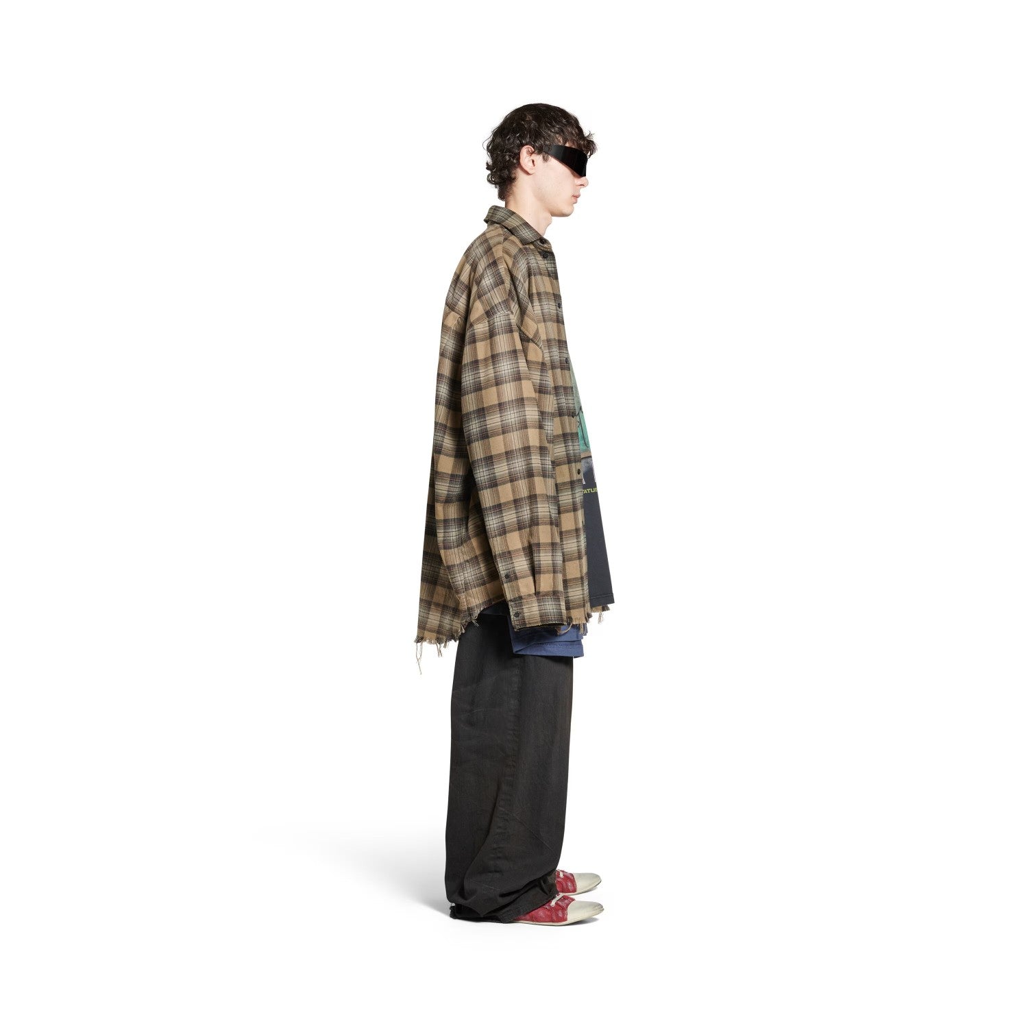Balenciaga Men's Spring And Autumn Checkered Lapel Aged Cotton PARIS LIBERTY Loose Long Sleeve Solid Layered Shirt Ngvp #9286