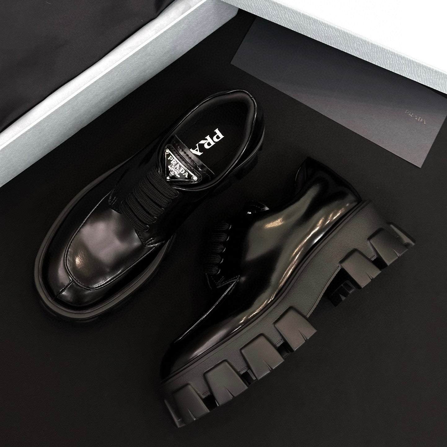 Prada Women's Spring/Fall Fashion Classic Round Toe Lace Up Slip On Triangle Logo Emblem Leather Chunky Sole Loafers Shoes #78529
