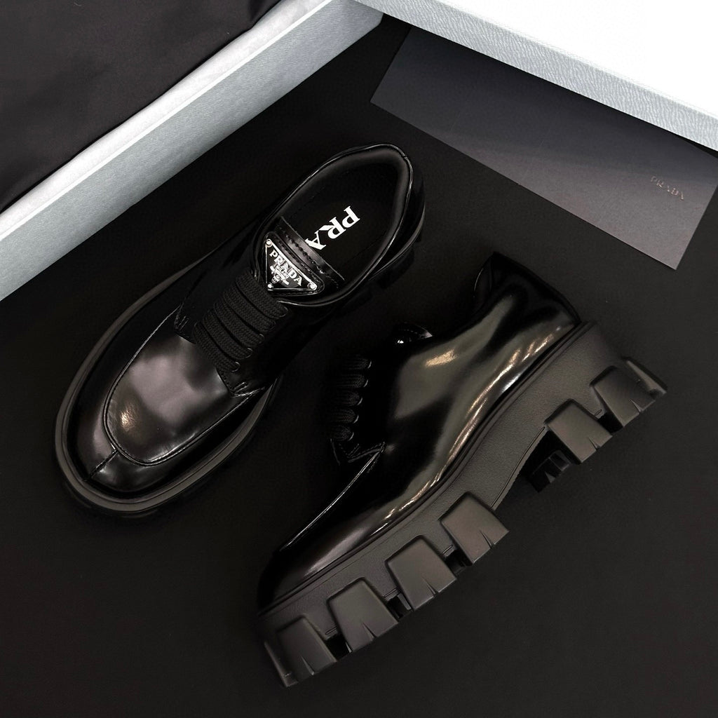 Prada Women's Spring/Fall Fashion Classic Round Toe Lace Up Slip On Triangle Logo Emblem Leather Chunky Sole Loafers Shoes #78529