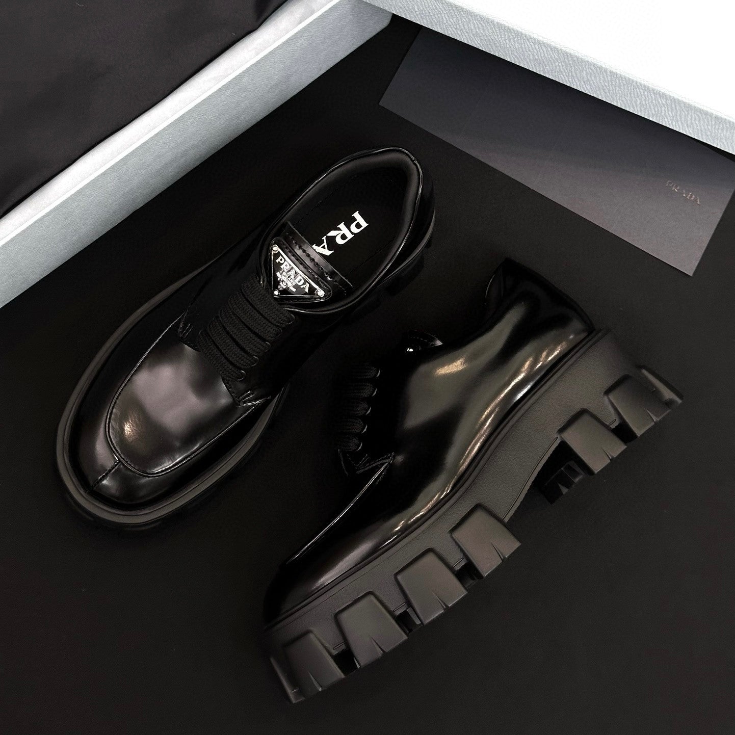 Prada Women's Spring/Fall Fashion Classic Round Toe Lace Up Slip On Triangle Logo Emblem Leather Chunky Sole Loafers Shoes #78529