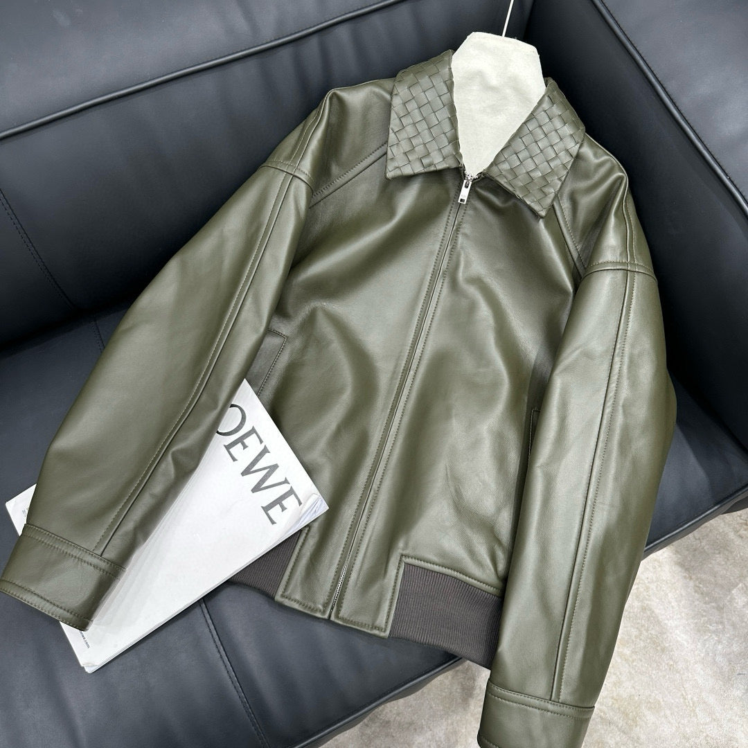 Bottega Veneta Men's Spring And Autumn Woven Lapel Zipper Solid Color Leather Long Sleeve Jacket Ngvp #1412