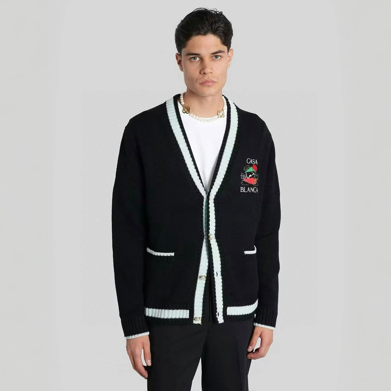 Casablanca Casa Mountain Temple Cardigan Men's And Women's Spring/autumn Fashion Casual Embroidered Badge V Neck Single Breasted Knitted Cardigan #78324
