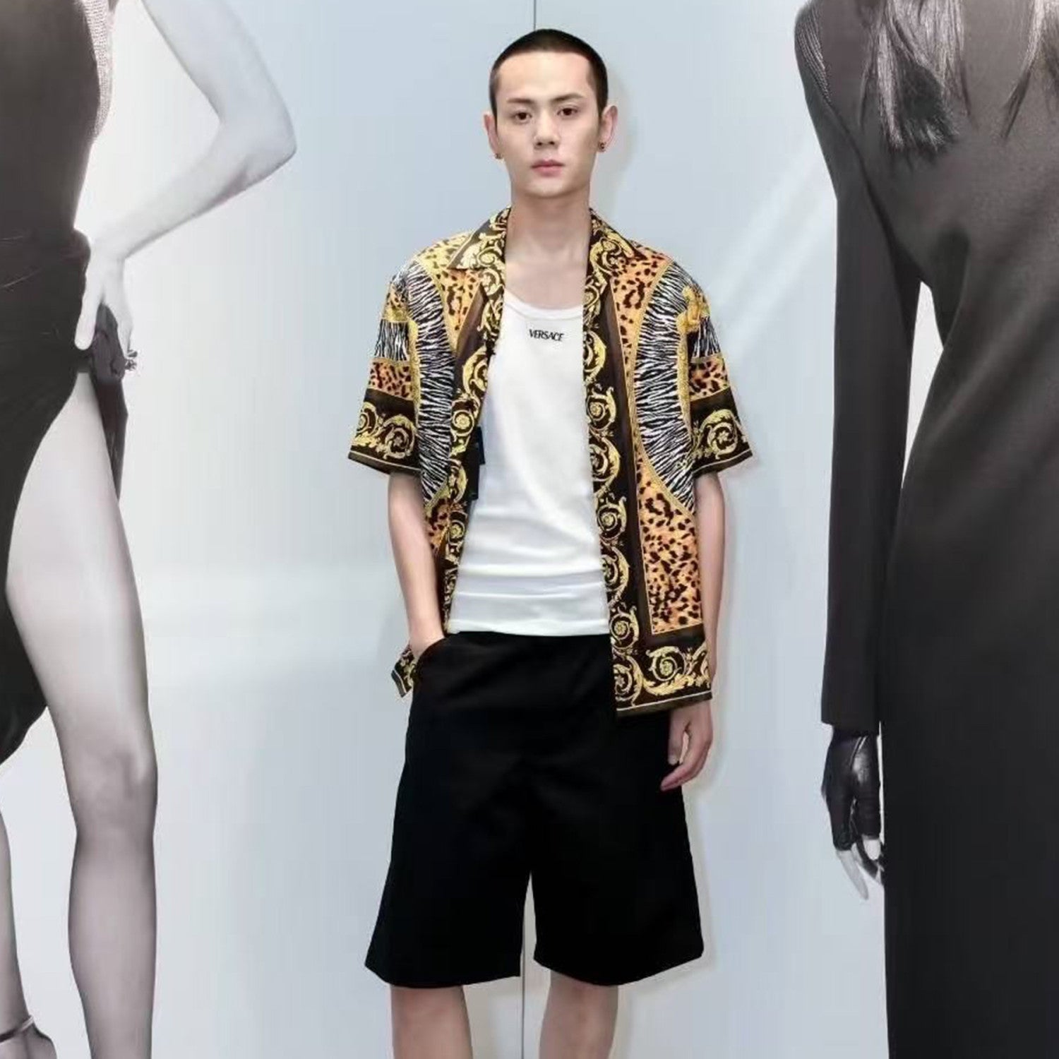 Versace Wild Cats Silk Lapel Shirt Shorts Set Men's Luxury Temperament Casual Single-breasted Shirt Elastic Waist Shorts Suit Set Ngvp #2444