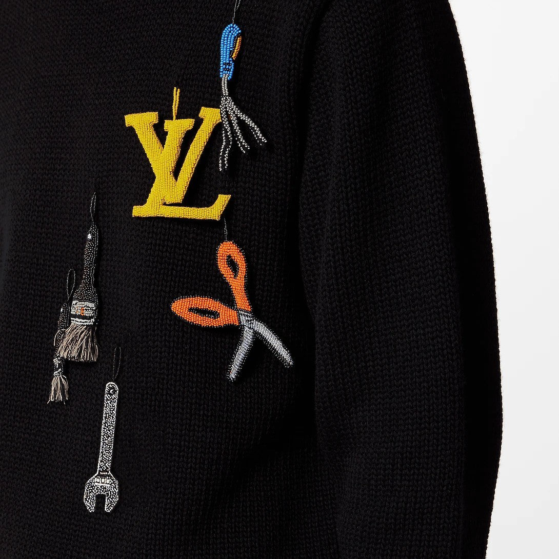 Louis Vuitton Men's Autumn and Winter Black Embroidered Letter Logo Tool Pattern Round Neck Long Sleeve Sweater Pullover #73158