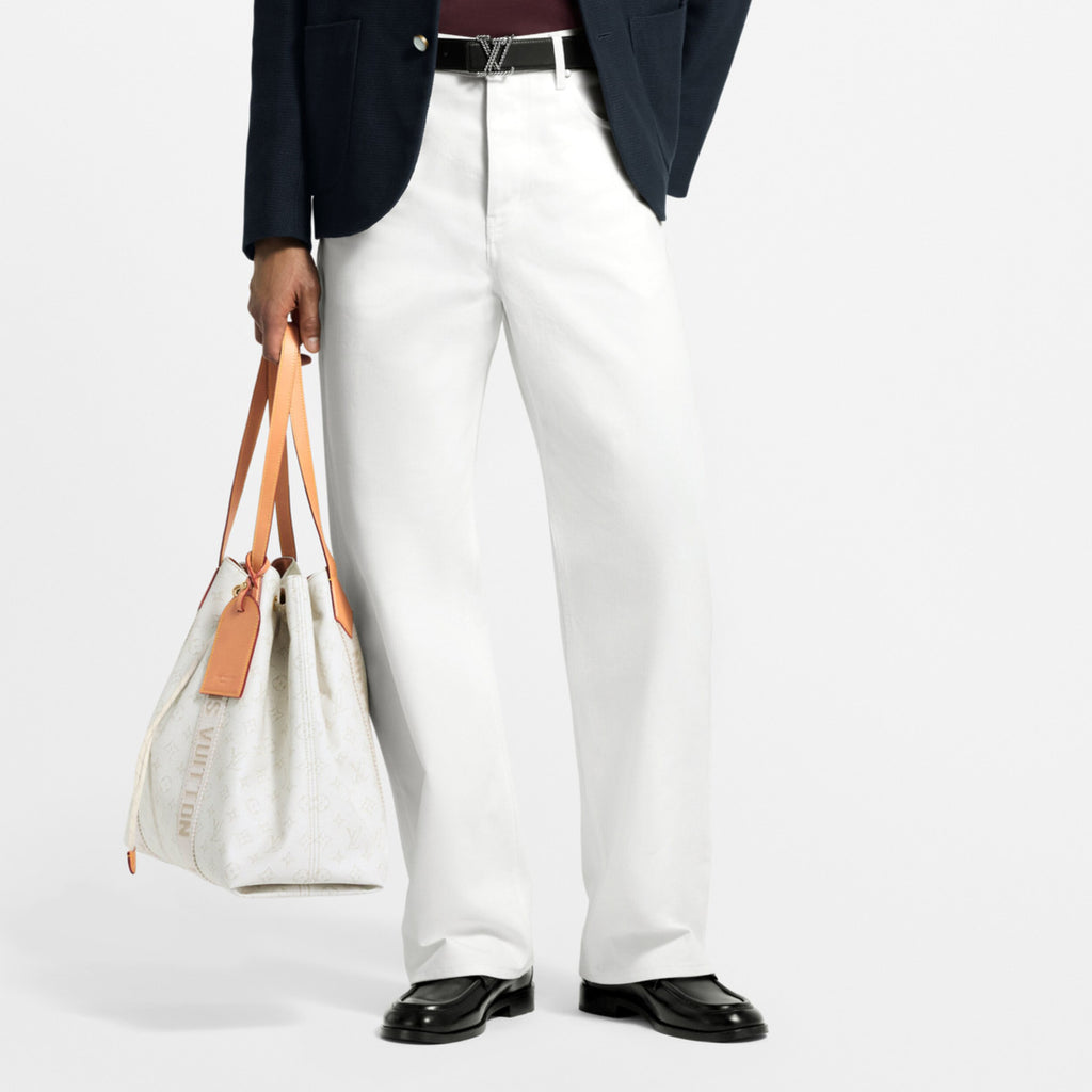 Louis Vuitton Men's Spring/Fall Fashion Classic Solid Color Back Pocket Embroidered White Denim Pants #79553
