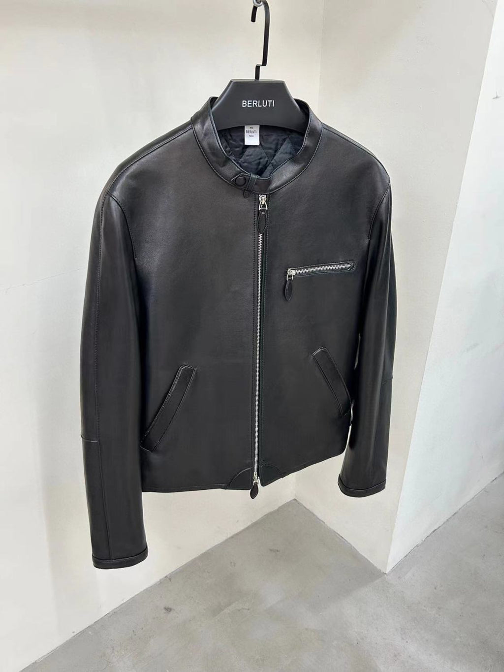 Berluti Men's Fall And Winter Collar Slim Biker Lambskin Leather Long Sleeve Jacket #98477