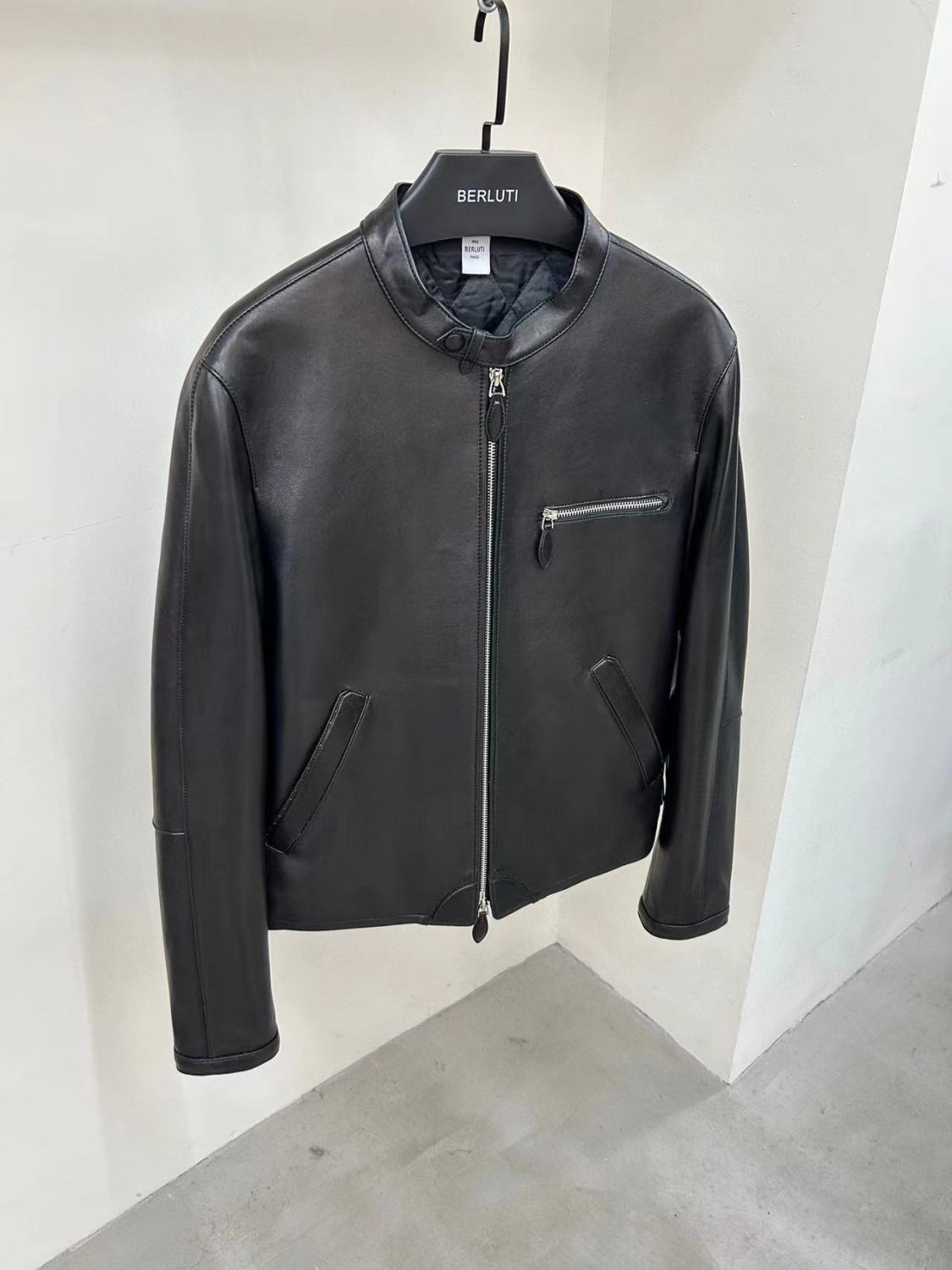 Berluti Men's Fall And Winter Collar Slim Biker Lambskin Leather Long Sleeve Jacket #98477
