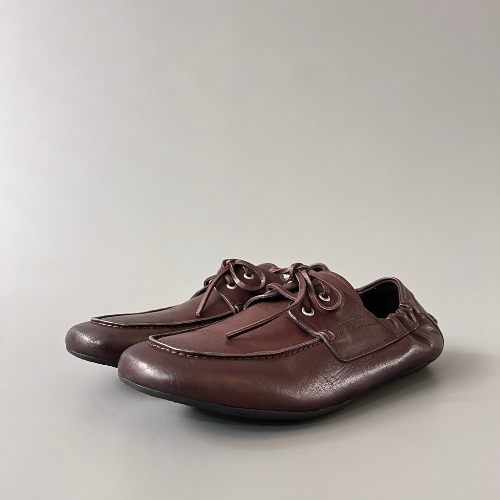 PRADA Shuffle Aged Canvas And Leather Boat Shoes #381722