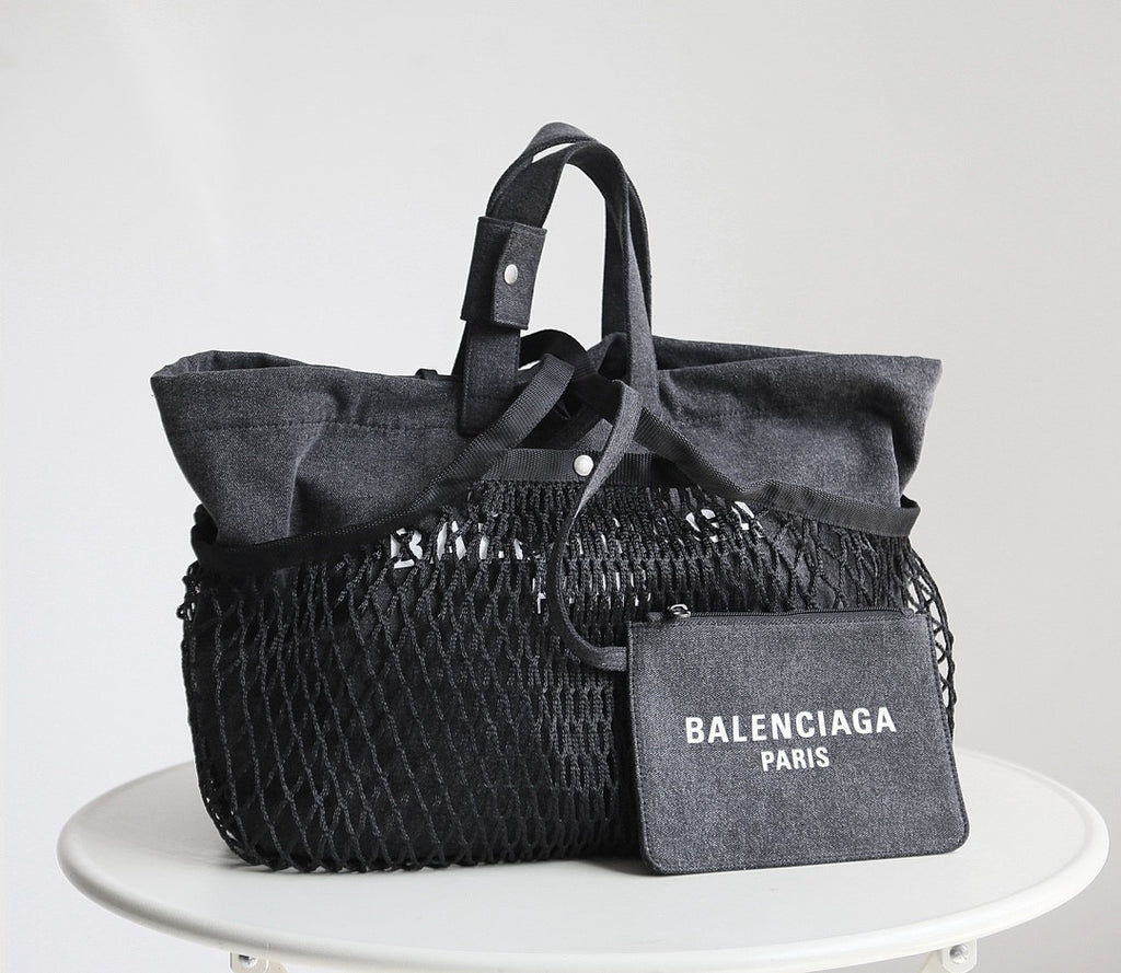 Balenciaga Women's Monogrammed Printed Drawstring Closure Mesh Pocket Tote Bag Bags #75669