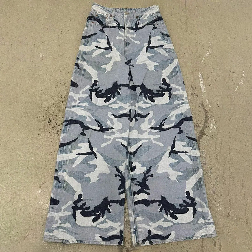 Vetements Men's Four Seasons Fashion Snow Camouflage Blue Casual Button Fitted Straight Leg Denim Pants Ngvp #8643