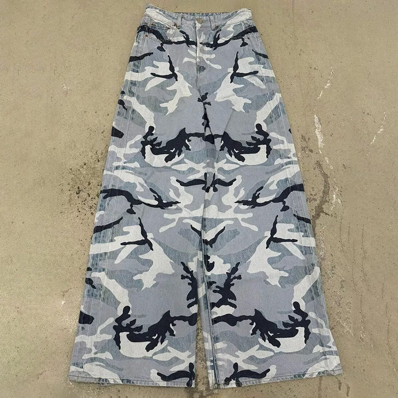 Vetements Men's Four Seasons Fashion Snow Camouflage Blue Casual Button Fitted Straight Leg Denim Pants Ngvp #8643