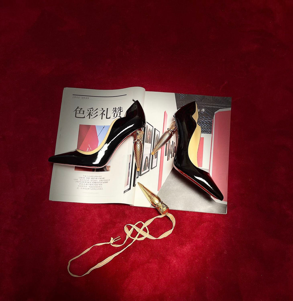 Christian Louboutin Lipchick Pump Series Hot Chick Shoe Style Cl Crepe Satin Rhinestone Embellishment Asymmetrical Heel High Heels 10cm Women's Black Nude Shoes Ngvp #1997
