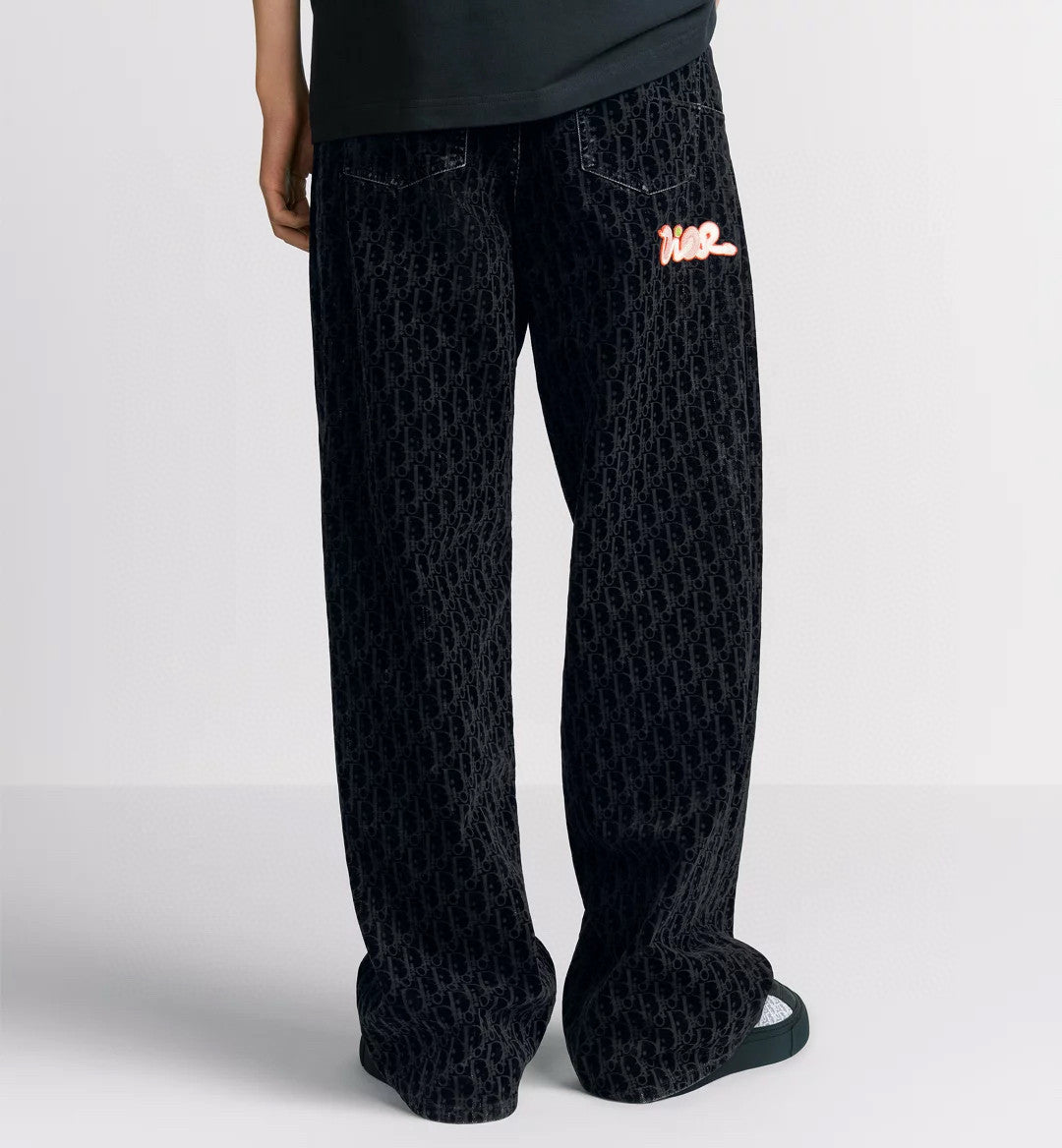 Dior Men's Dior And Kaws Collection Four-Season Cotton-Blend Solid-Color Button-Fly Flocked Denim Pants #81751