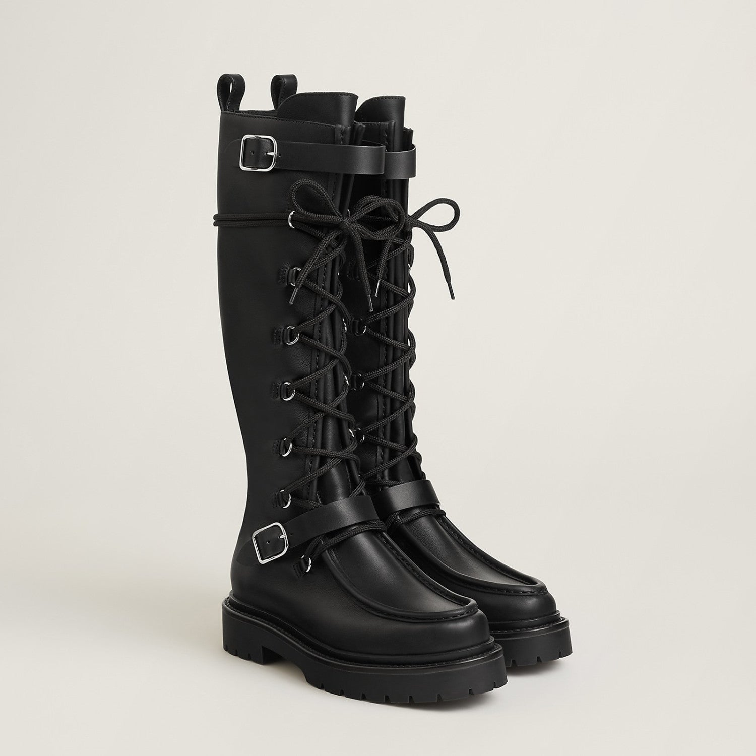 Hermes Women's Fall/Winter Landscape Boots Lace-Up Round-Toe High-Top Boots Solid-Color Cowhide Casual Shoes Heel Height: 3.5cm Ngvp #2326