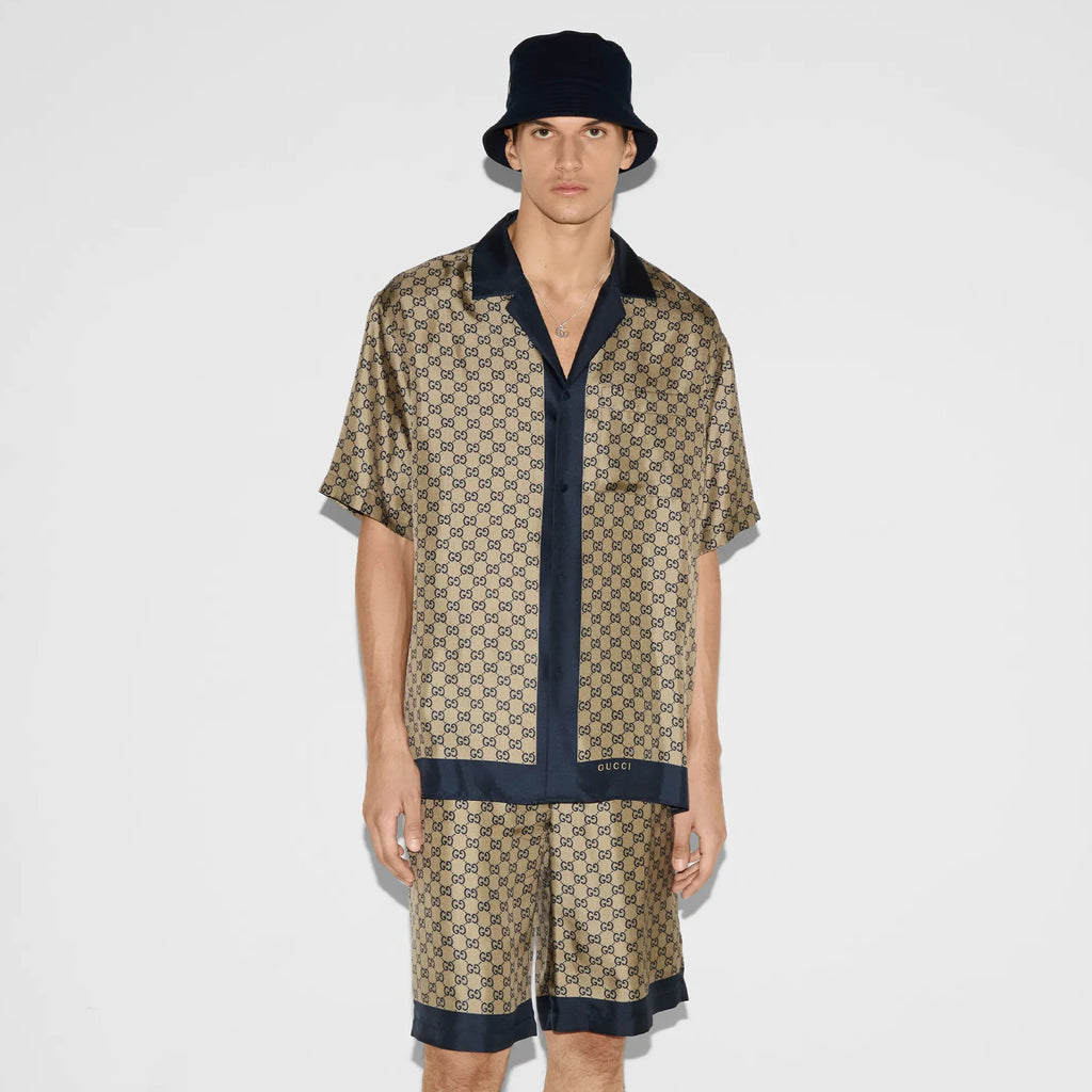 Gucci Men's Summer Logo Full Print Single Breasted Short Sleeve Shirt Stretch Waist Casual Shorts Set Suit #75828
