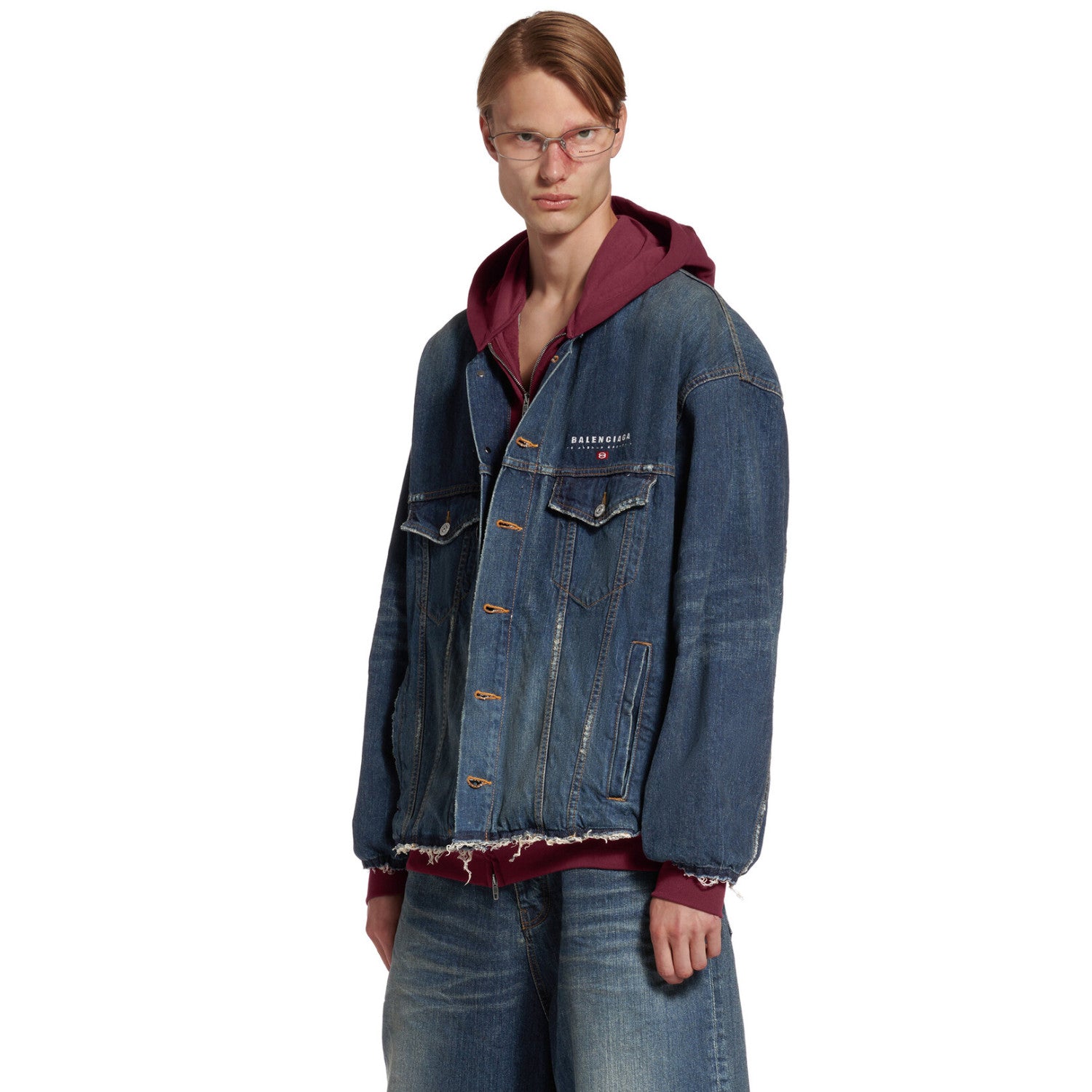Balenciaga PATCHED  Men's And Women's  Spring/Fall Fashion Contrast Color Hooded Single Breasted Button-Up Embroidered Denim Jacket #78995