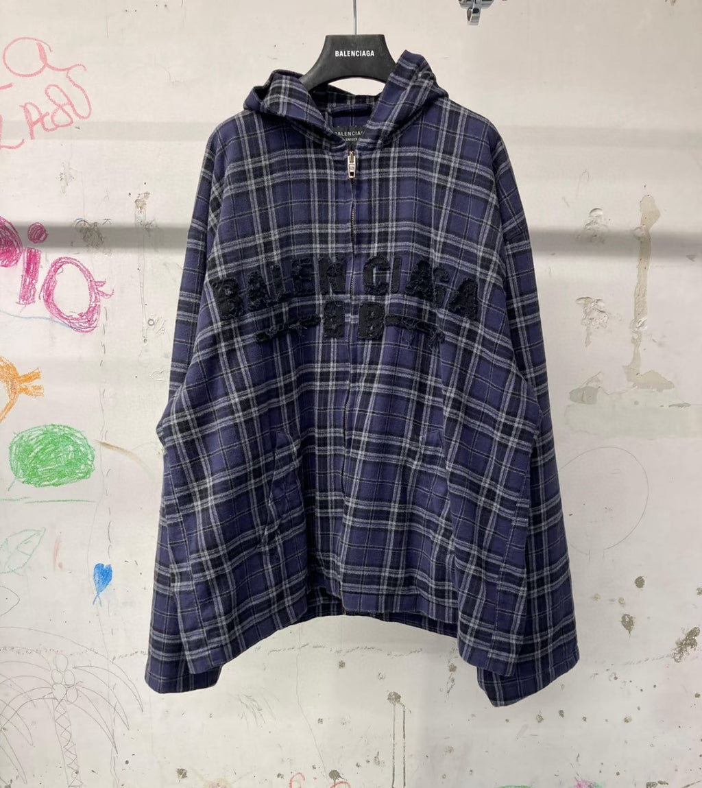 Balenciaga Men's And Women's Spring And Fall Embroidered Letter Print Purple Checkered Hooded Zipper Long Sleeve Jacket Pants Suit Set #76546