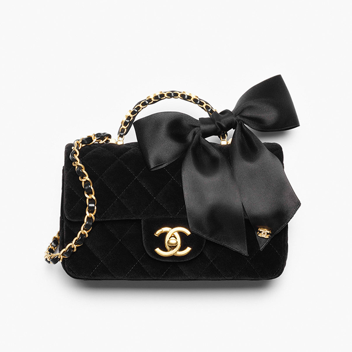 Chanel Mini Flap Bag With Top Handle Velvet Silk Gold-tone Metal Black #193594