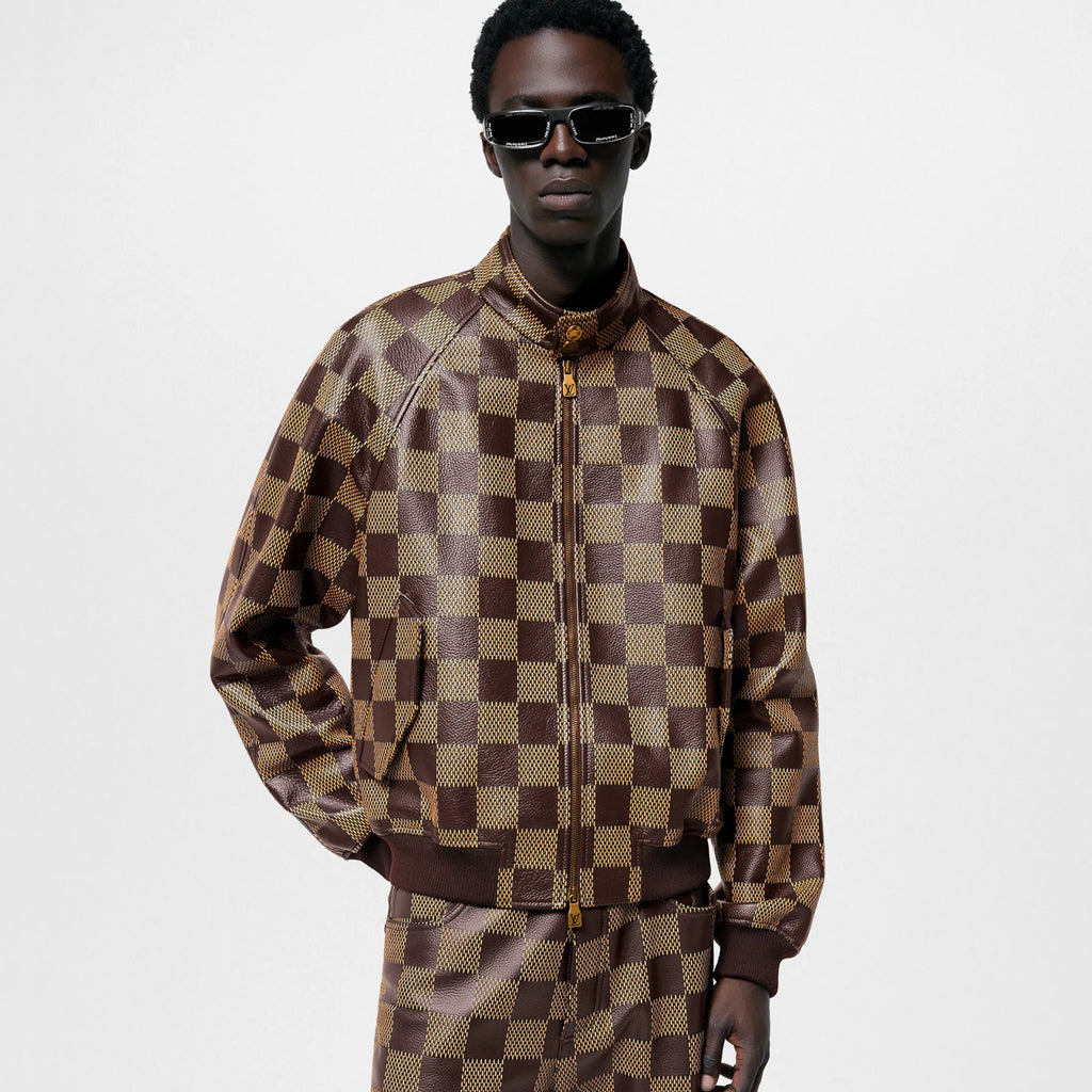 Louis Vuitton Men's Fall And Winter Brown Checkerboard Pattern Collar Zipper Cowhide Long Sleeved Jacket #72772