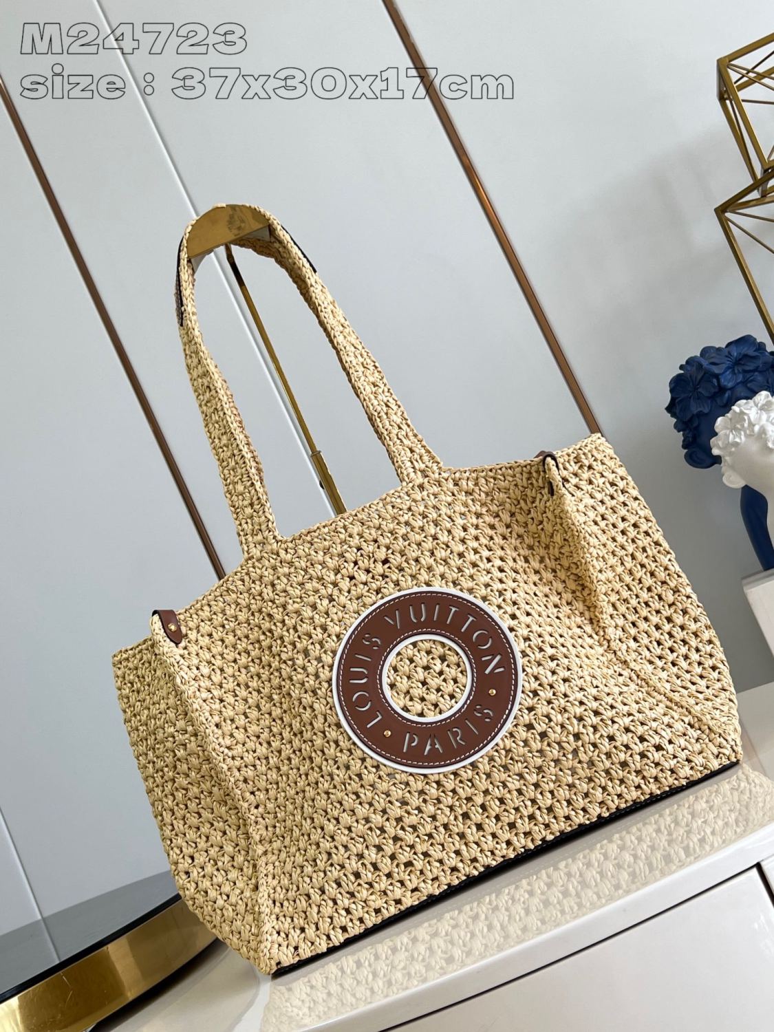 Louis Vuitton ONTHEGO Women's Solid Color Letter Logo Leather Patch Natural Raffia Shopper Handbag Tote Bag Bags #75397