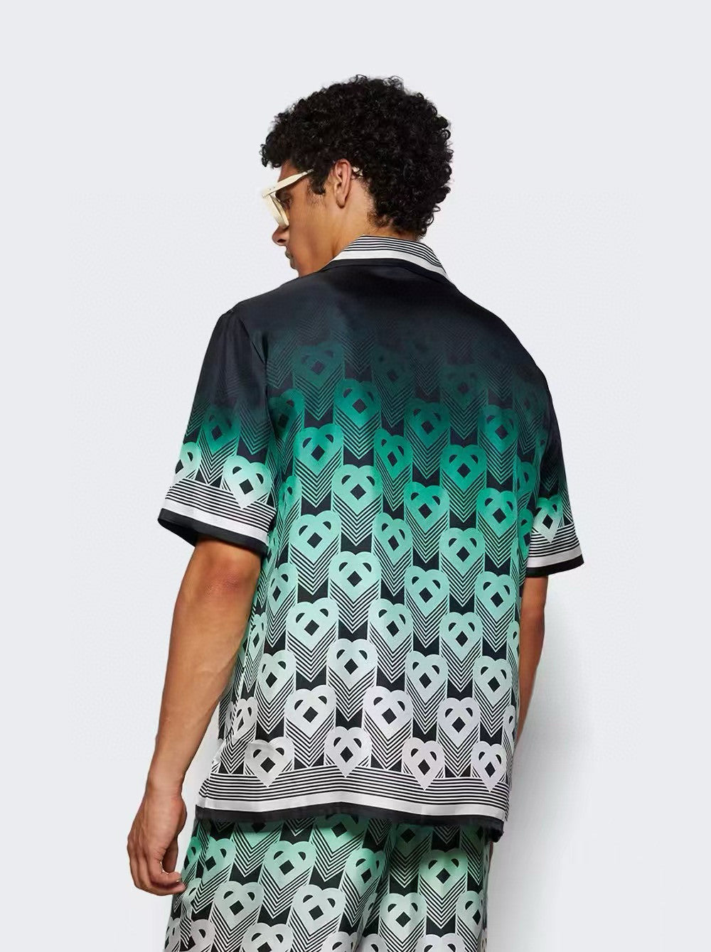 Casablanca Men's Summer Fashion Casual Heart Pattern Silk Button Down Short Sleeve Shirt with Elastic Drawstring Silk Shorts Suit Set #78592