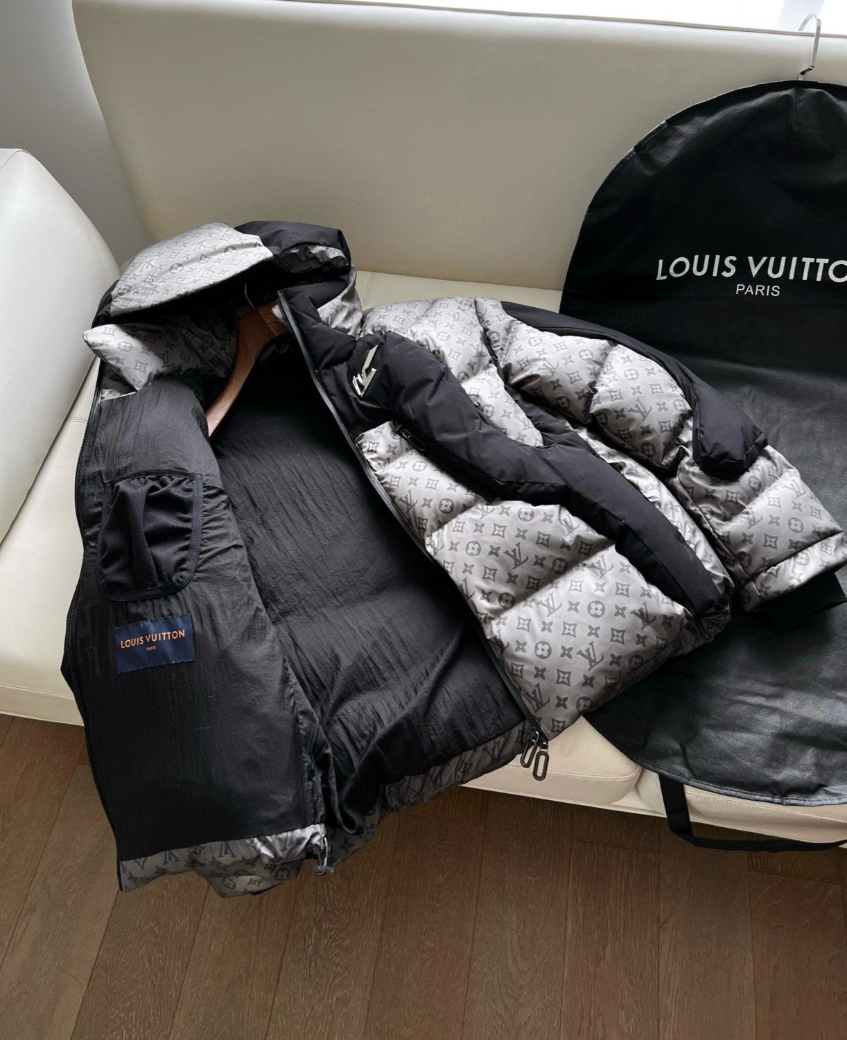 Louis Vuitton Men's Autumn and Winter Letter Printing Splicing Nylon Waterproof Fabric Warm Feeling Color Changing Hooded Zipper Long Sleeve Puffer Down Jacket #74186