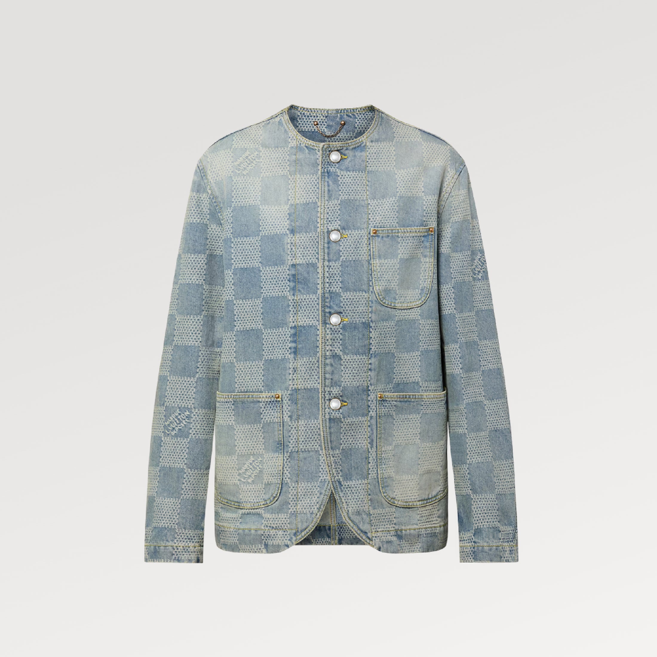 Louis Vuitton Men's Spring And Fall Fashion Plaid Denim Suit Gradient Wash Vintage Round Neck Jacket Casual Flared Pants Ngvp #8155