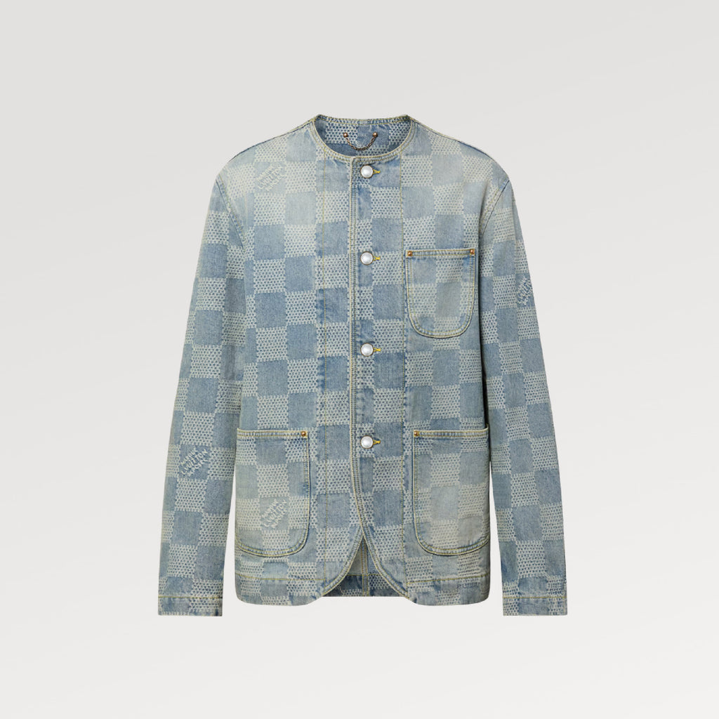 Louis Vuitton Men's Spring And Fall Fashion Plaid Denim Suit Gradient Wash Vintage Round Neck Jacket Casual Flared Pants Ngvp #8155