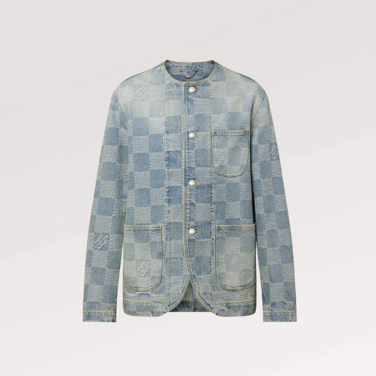 Louis Vuitton Men's Spring And Fall Fashion Plaid Denim Suit Gradient Wash Vintage Round Neck Jacket Casual Flared Pants Ngvp #8155