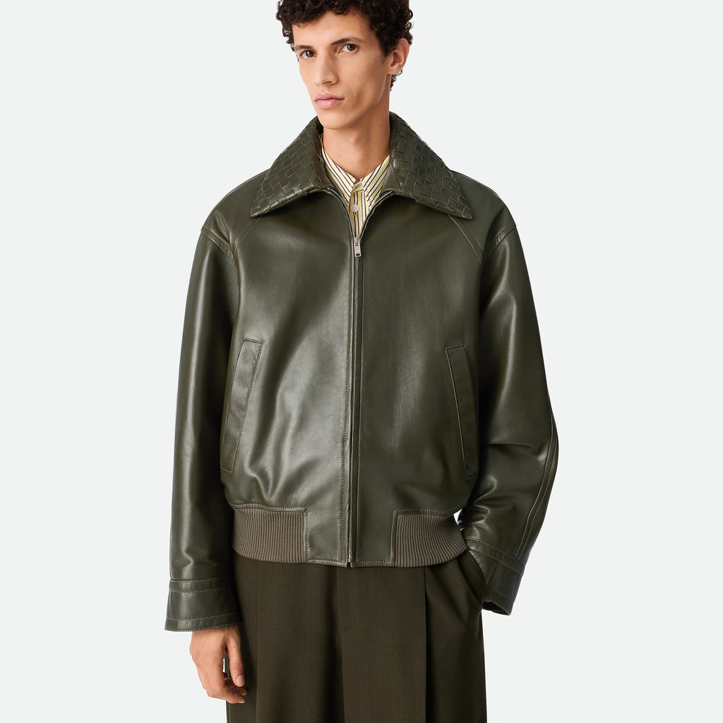 Bottega Veneta Men's Spring And Autumn Woven Lapel Zipper Solid Color Leather Long Sleeve Jacket Ngvp #1412