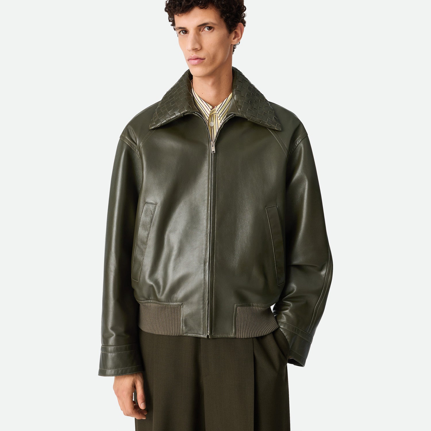 Bottega Veneta Men's Spring And Autumn Woven Lapel Zipper Solid Color Leather Long Sleeve Jacket Ngvp #1412