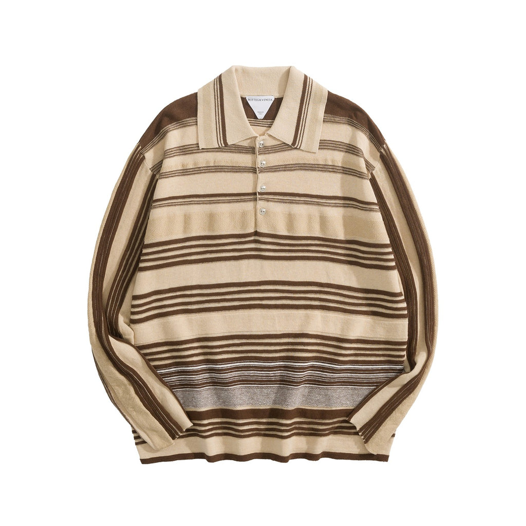 Bottega Veneta Men's Spring And Fall Striped Color Clashing Knitted Polo Shirt Long-sleeved Lapel Fashion Casual Pullover Sweater T-shirt #81429
