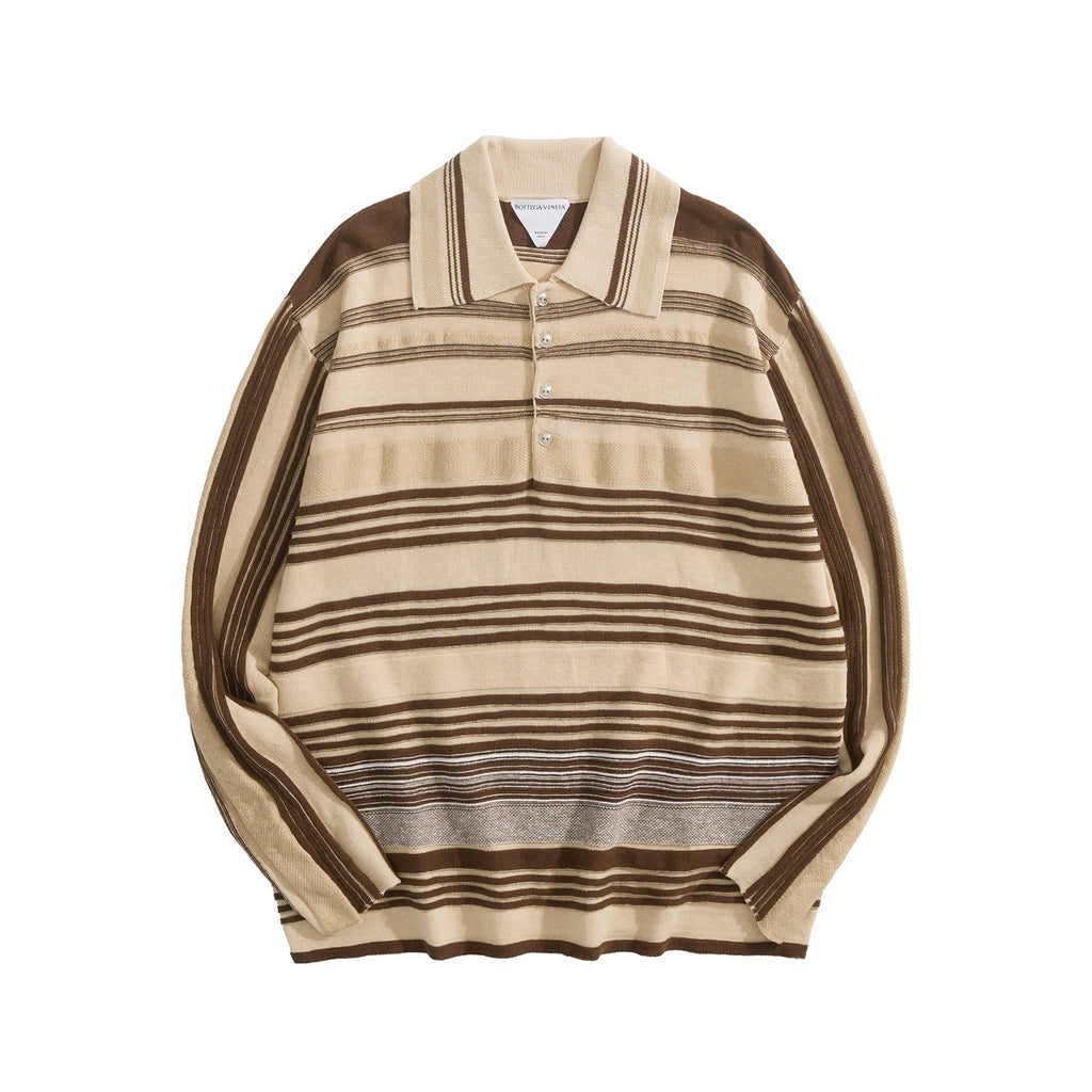 Bottega Veneta Men's Spring And Fall Striped Color Clashing Knitted Polo Shirt Long-sleeved Lapel Fashion Casual Pullover Sweater T-shirt #81429