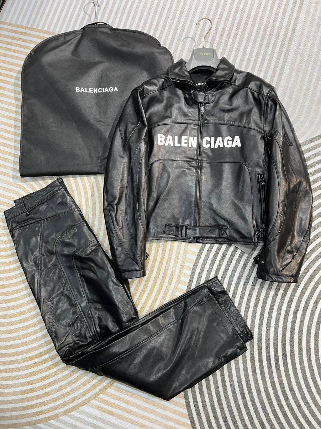 Balenciaga Men's Spring And Fall Monogrammed Black Zipper Long Sleeve Leather Biker Jacket Leather Pants Suit Set #73678