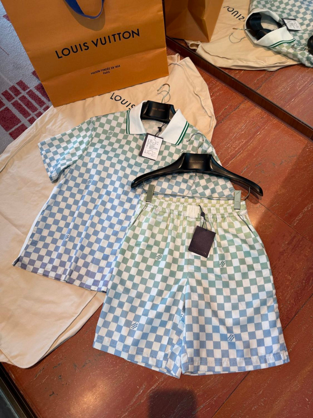 Louis Vuitton Men's Summer Colourful Letter Print Single Breasted Short Sleeve Shirt Casual Shorts Suit Set #76632