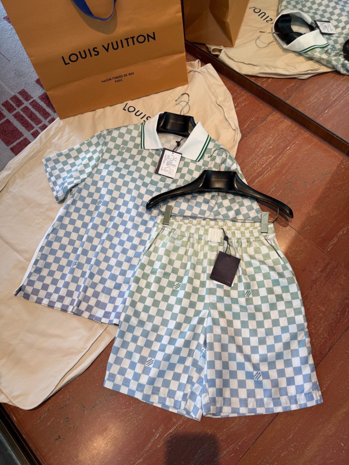 Louis Vuitton Men's Summer Colourful Letter Print Single Breasted Short Sleeve Shirt Casual Shorts Suit Set #76632
