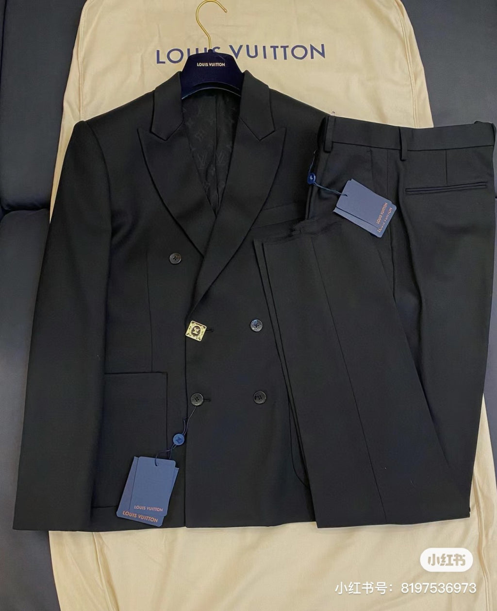 Louis Vuitton Men's Spring And Fall Black Wool Twill Double Breasted Blazer Jacket Casual Pants Suit Set #98626