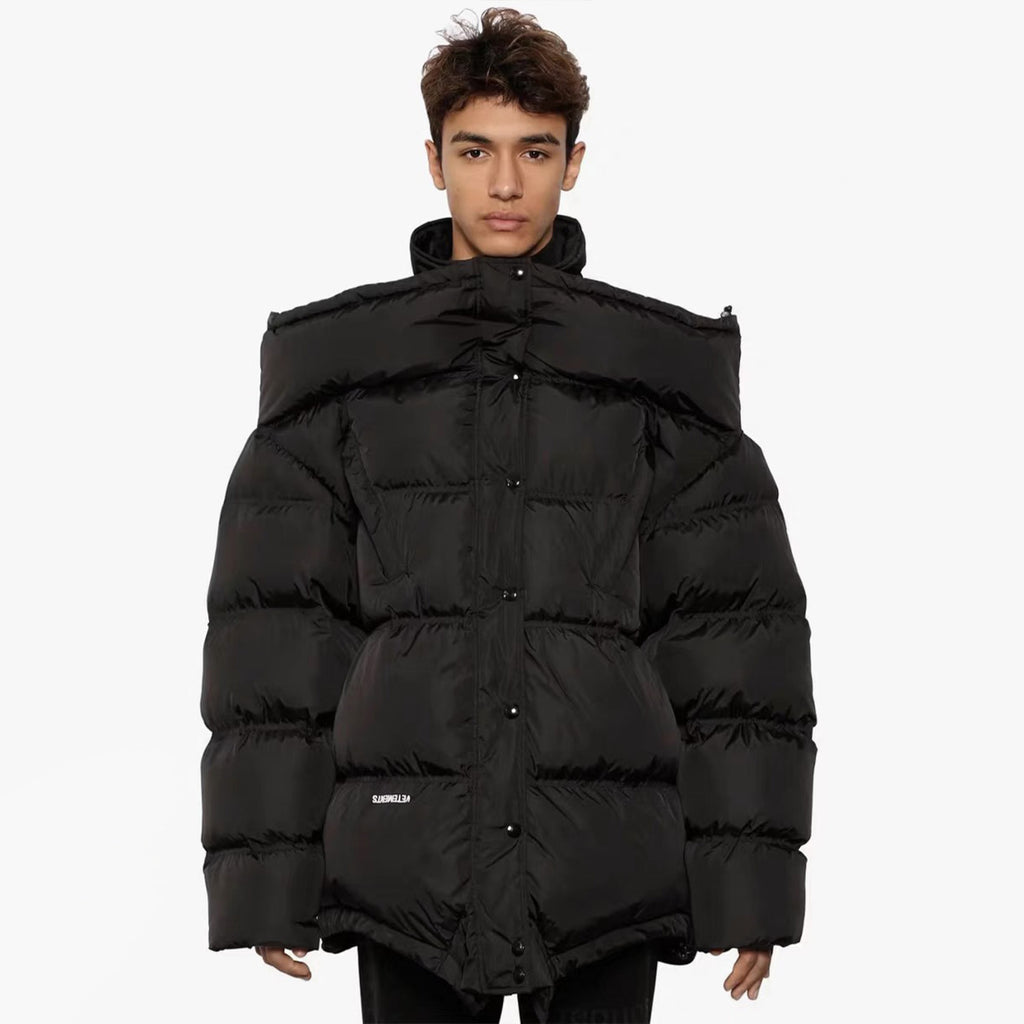 Vetements Men's Winter Letter Embroidery Fashion Black Loose Long Sleeve Down Cotton Coat Jacket Ngvp #7956
