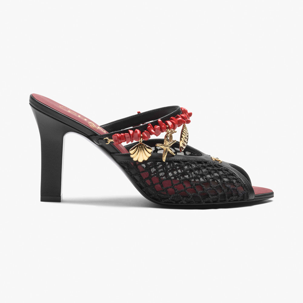 CHANEL Mules Mesh Cotton Lambskin Resin Metal Black #382390