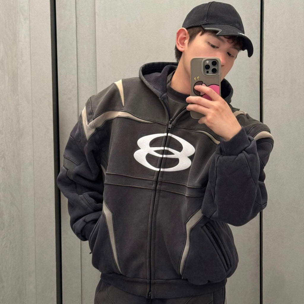 Balenciaga Men's Women's Spring And Autumn Unity Sports Icon Biker Black Zipper Loose Long Sleeve Hooded Sweatshirt Jacket Ngvp #9312