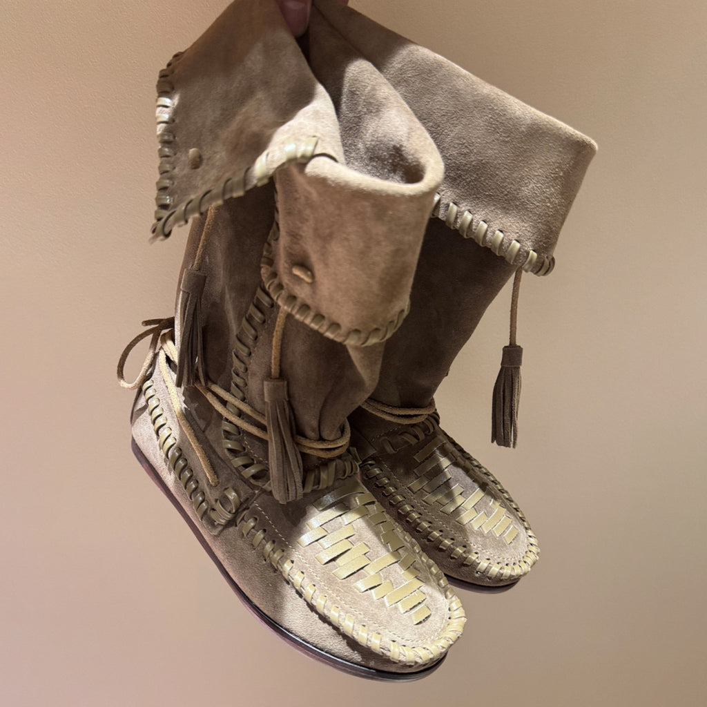 Isabel Marant Winki Boots In Braided And Suede Leather Women's Autumn and Winter Solid Colour Fashion Fringe Cow Suede Fashion Woven Vintage Boots Heel Height 2cm Shoes Ngvp #1634