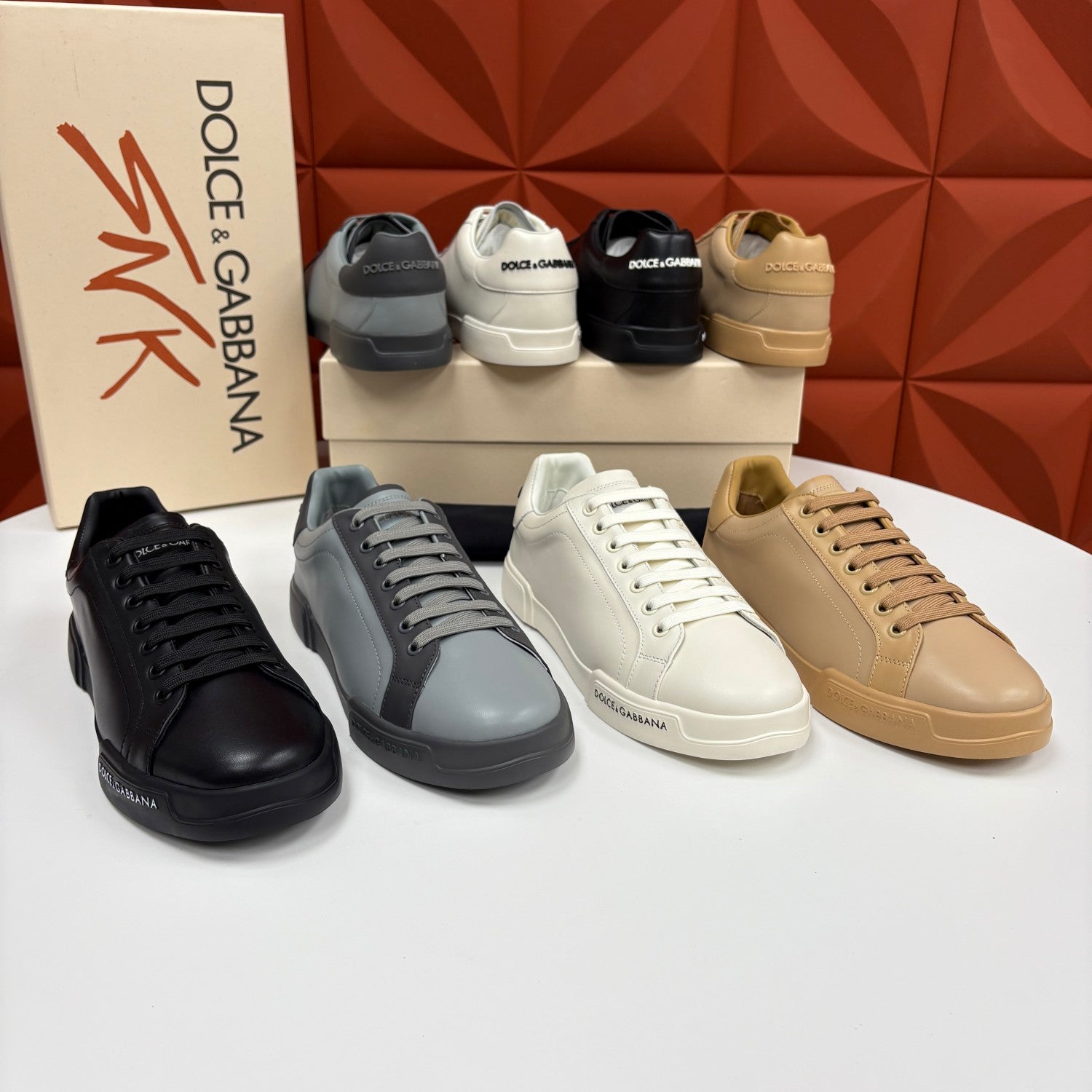Dolce&Gabbana Men's And Women's Spring/Fall Fashion Casual Round Toe Lace Up Solid Color Leather Printed Rubber Sole Sneakers Shoes #78728