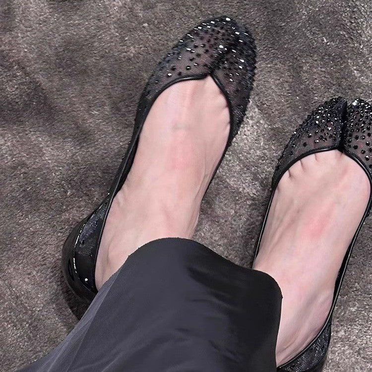 Christian Louboutin X Maison Margiela Women's Spring And Summer Mesh Drill Split-toe Flat Shoes Temperament Luxury Red Bottom Within The High Single Shoes Ngvp #1598
