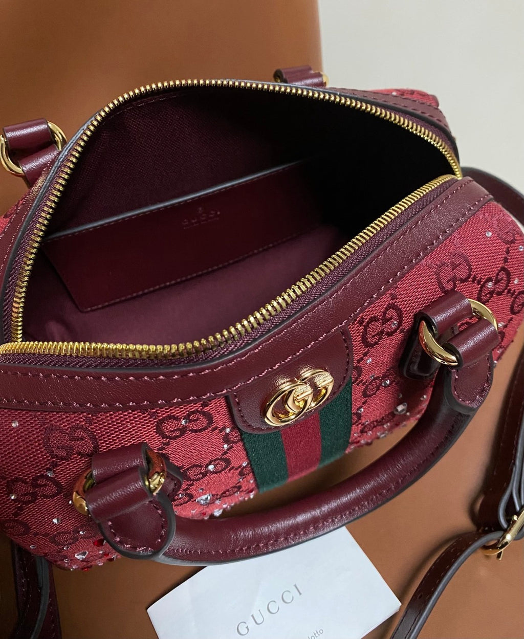 GUCCI Ophidia crystals small boston bag in Rosso Ancora red GG canvas #335872