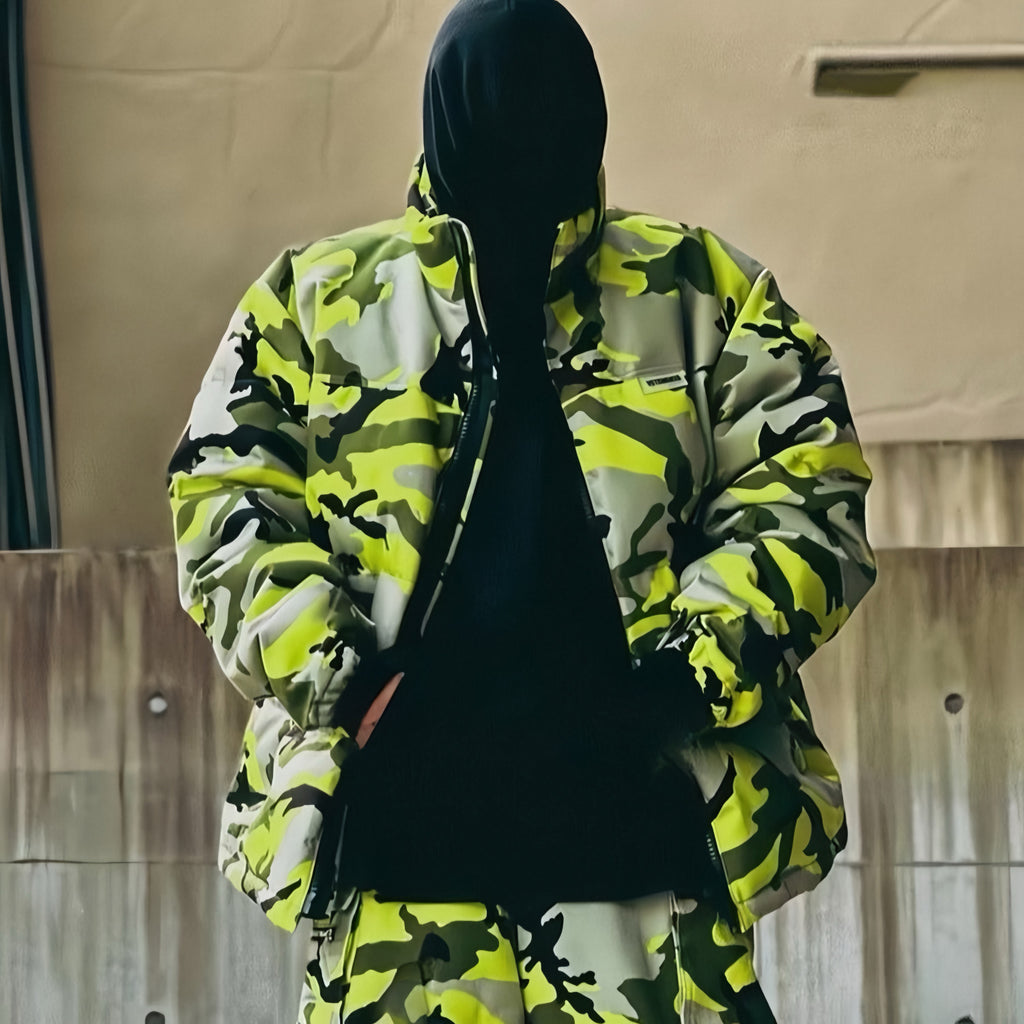 Vetements Men's Winter Standing Collar Zipper Long Sleeve Fitted Drop Shoulder Camouflage Puffer Down Jacket Ngvp #7734
