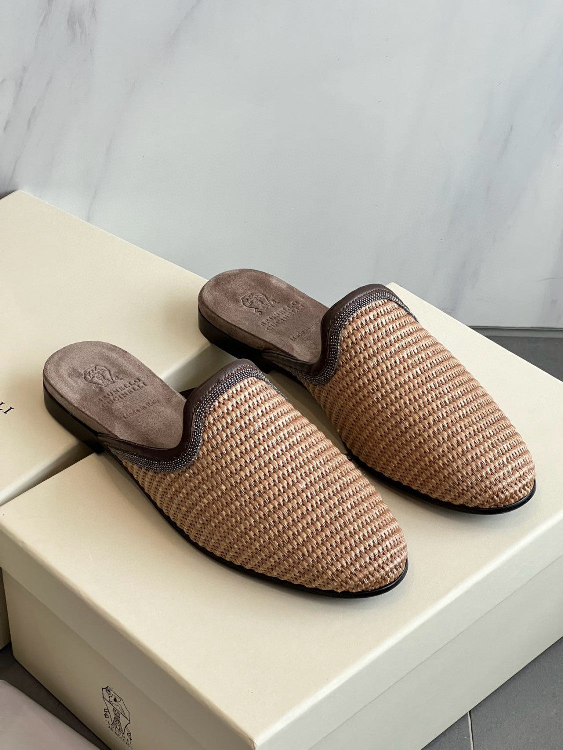 Brunello Cucinelli Techno Raffia Slippers With Precious Trim Women's Fashion Breathable Casual Shoes Comfortable Flat Heel Sandals 2cm Ngvp #1589