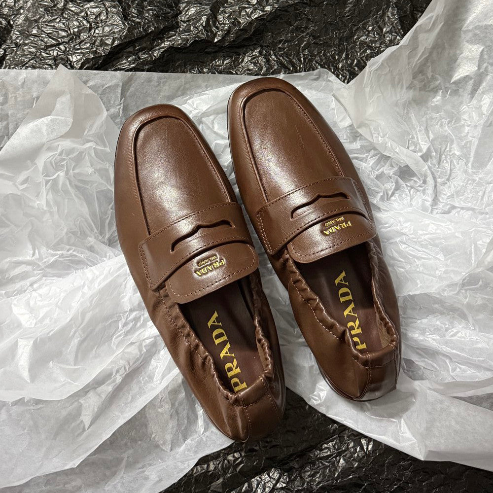 Prada Women's Solid Color Round Toe Slip-On Shiny Oiled Leather and Suede Casual Loafers Shoes #77758