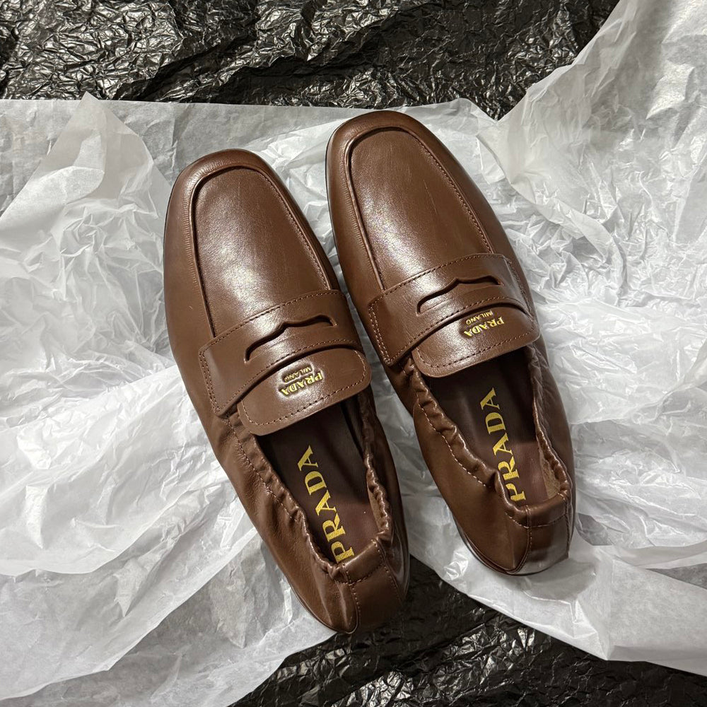 Prada Women's Solid Color Round Toe Slip-On Shiny Oiled Leather and Suede Casual Loafers Shoes #77758