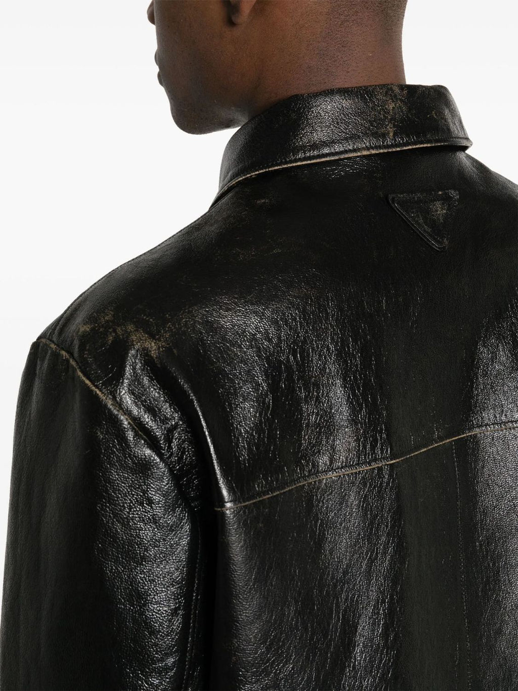 Prada Men's Autumn and Winter Solid Color Fit Lapel Zipper Long Sleeve Leather Jacket #73774